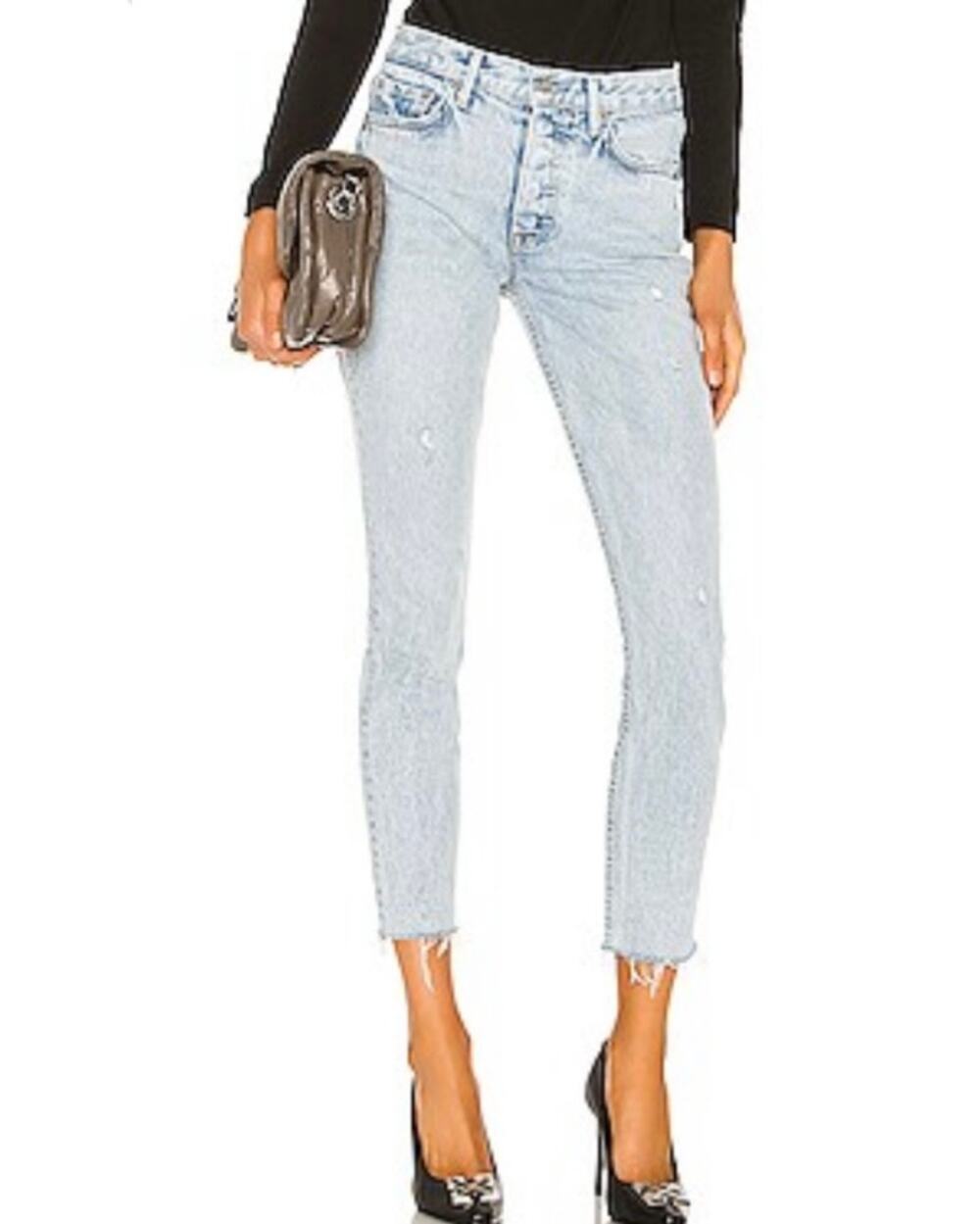 GRLFRND Button Fly Distressed High Rise Karolina Jeans In Slow Down Size 27